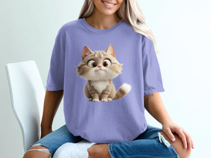 Purple t-shirt with cartoon cat illustration on white background.