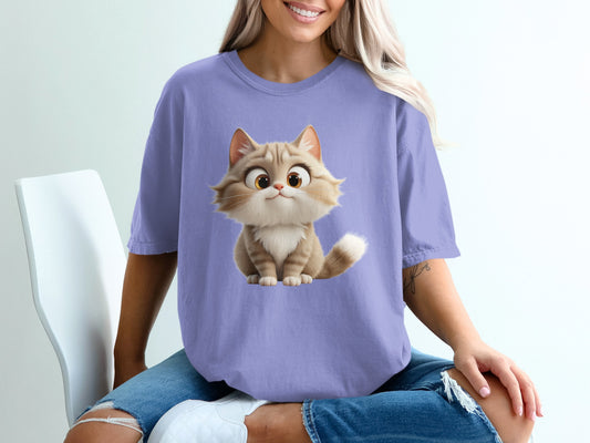 Purple t-shirt with cartoon cat illustration on white background.