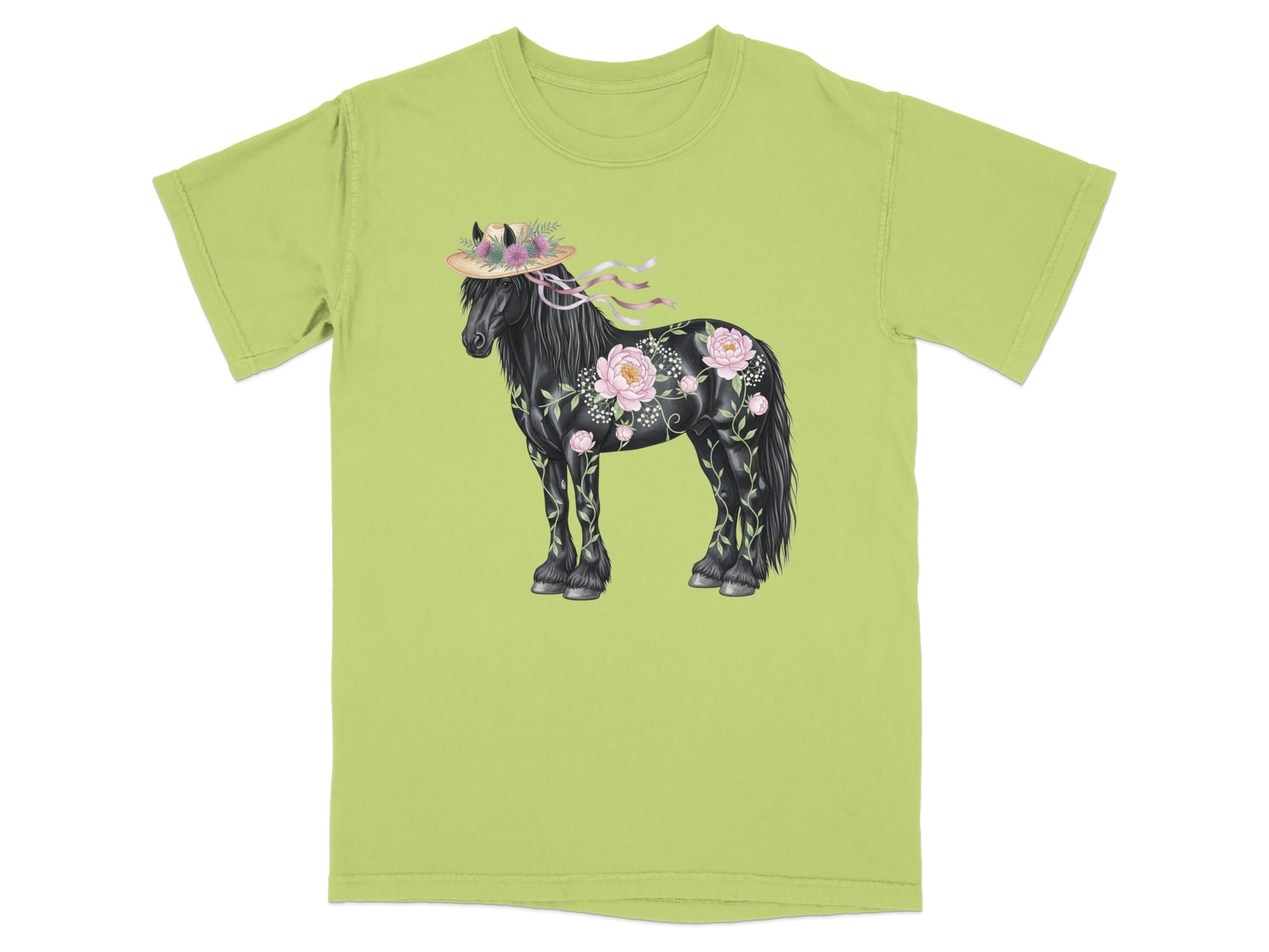 Black horse adorned with flowers and ribbons wearing a straw hat.