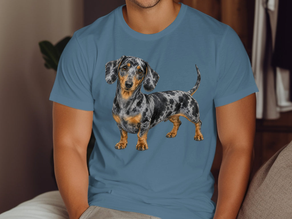 Blue t-shirt with a dapple dachshund illustration on the chest.
