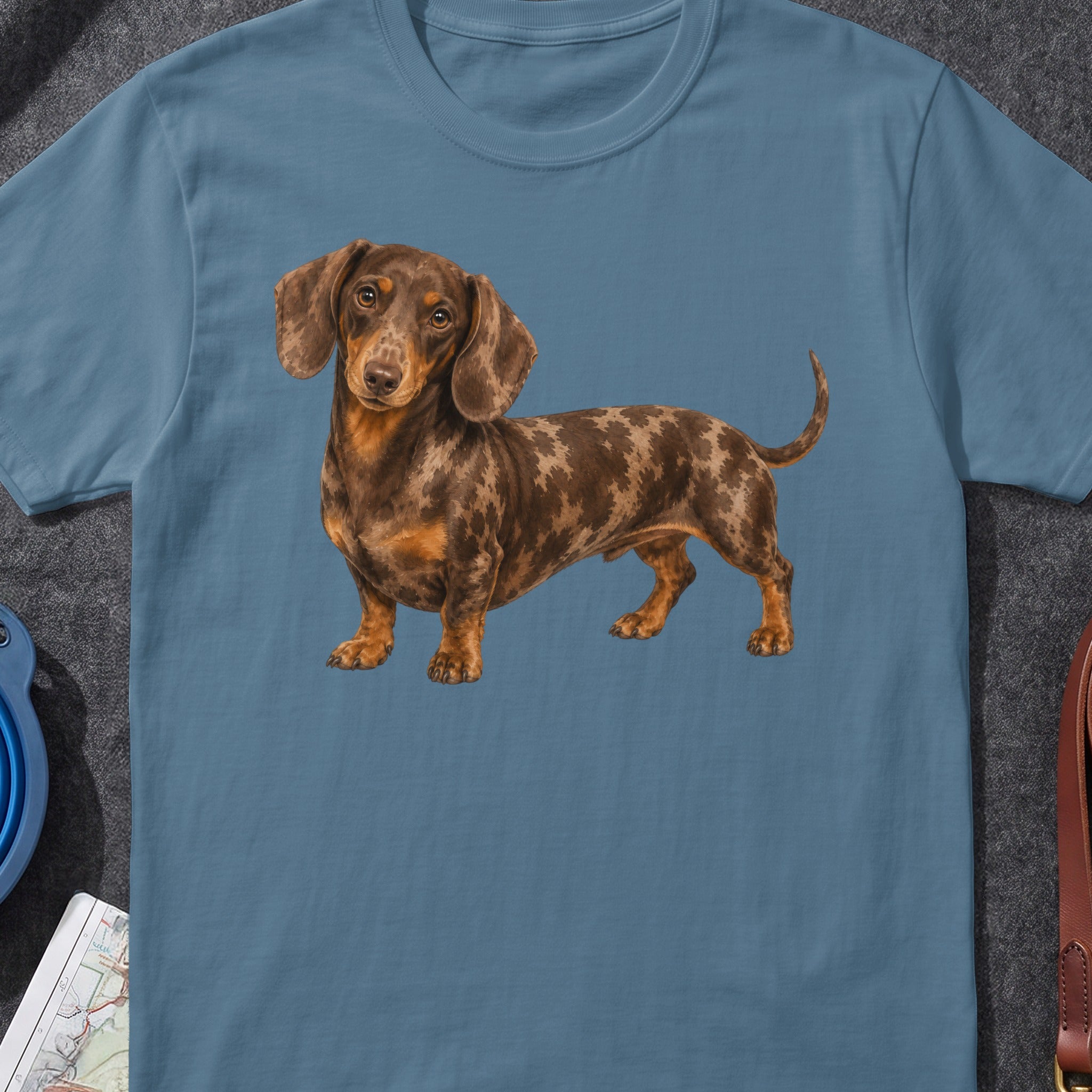 Dachshund art print on a blue t-shirt with a map and collar.