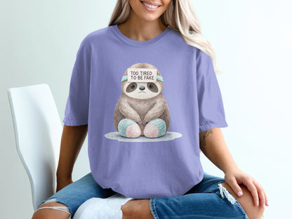Sloth wearing a headband that says "TOO TIRED TO BE FAKE" on a t-shirt.