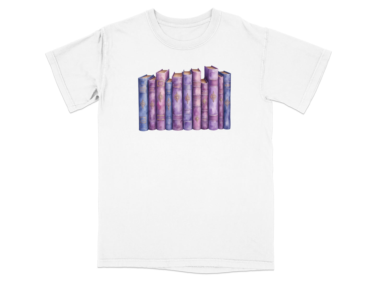 Watercolor illustration of a row of antique purple and gold-embossed books.