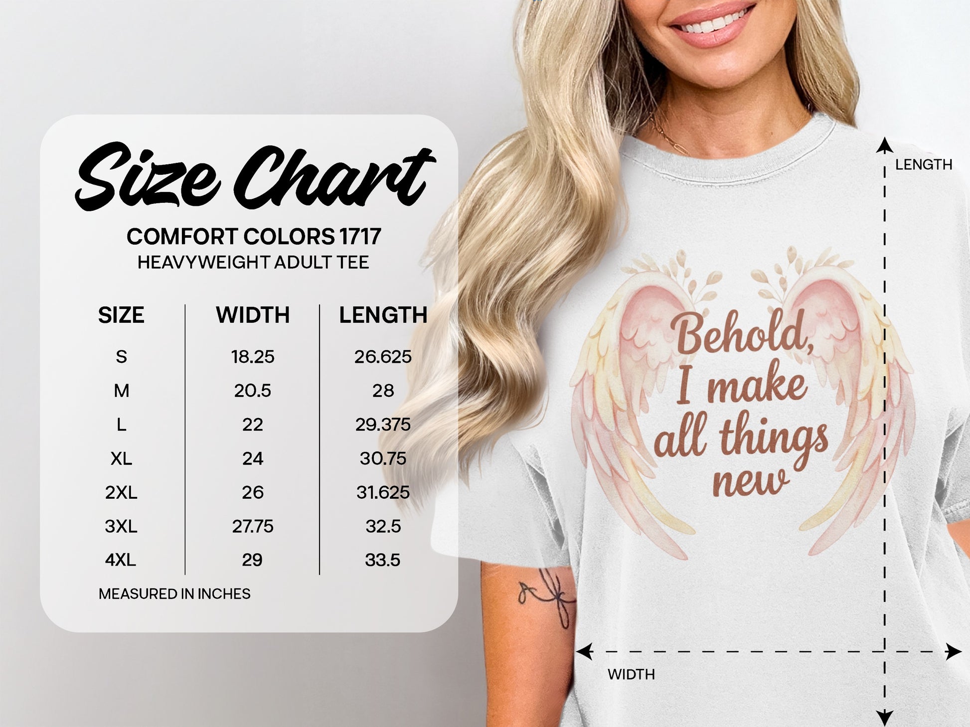 Comfort Colors 1717 heavyweight adult tee size chart with measurements.