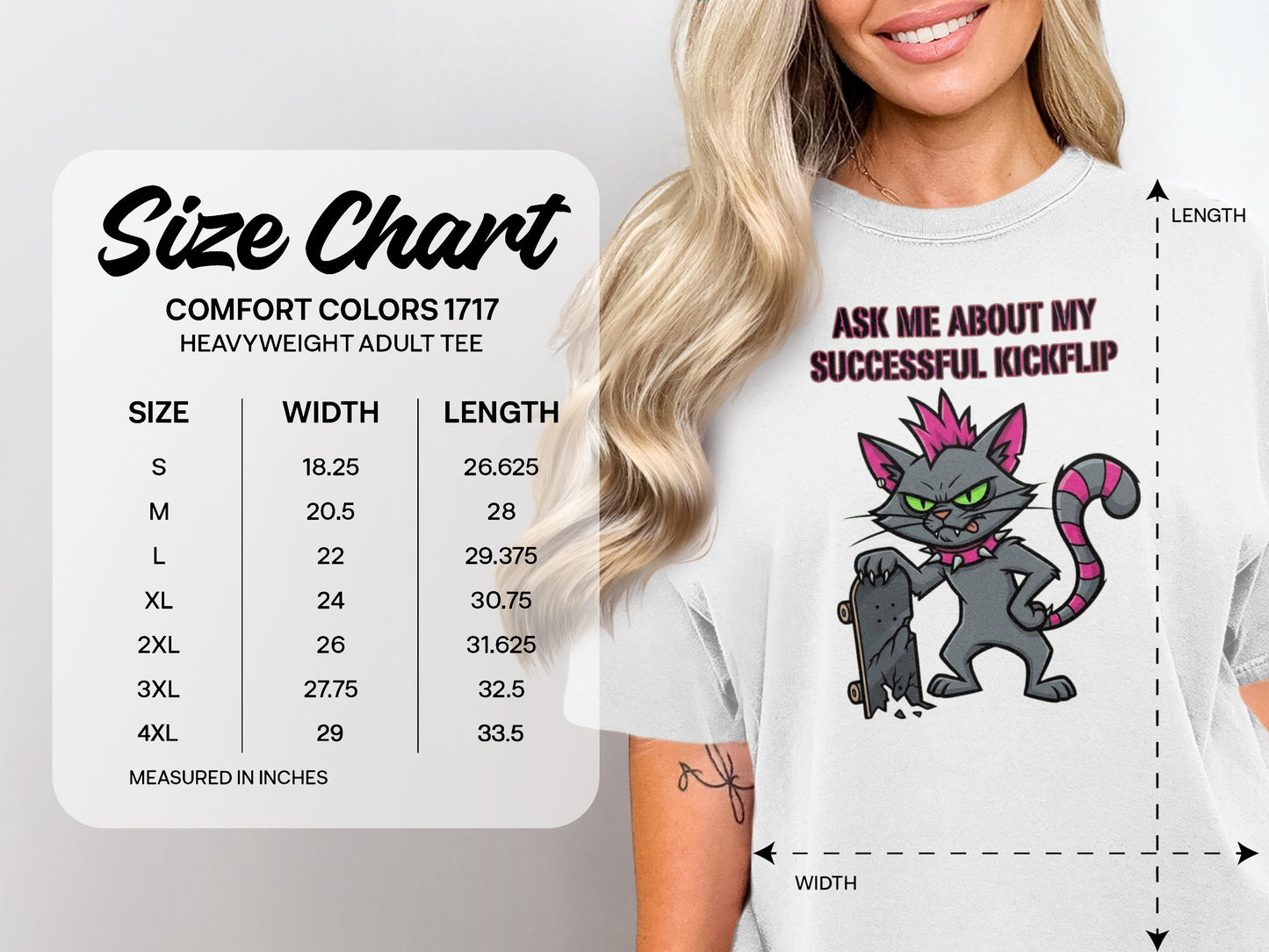 Comfort Colors 1717 Heavyweight Adult Tee size chart with cartoon cat and kickflip text.