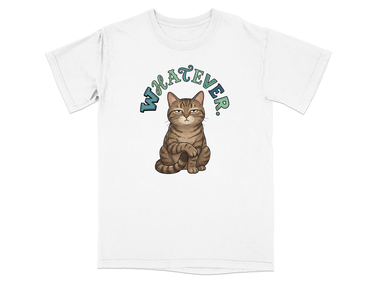 White t-shirt with a grumpy cat illustration and "WHATEVER" text.