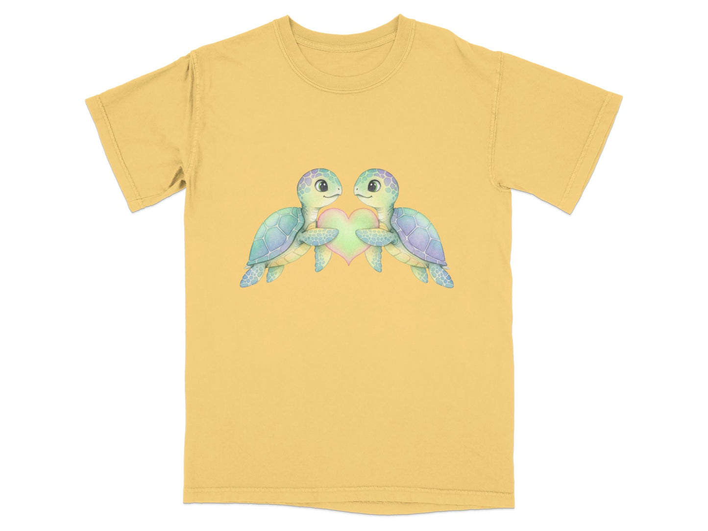 Two cartoon sea turtles holding a heart, printed on a yellow t-shirt.