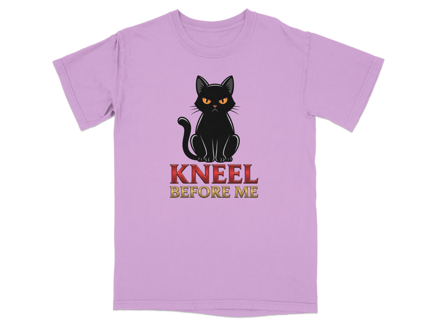 Lilac t-shirt with a grumpy black cat and the text "KNEEL BEFORE ME".