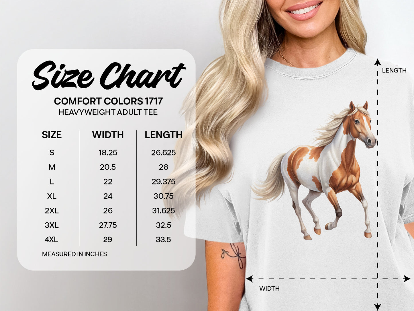 Comfort Colors 1717 heavyweight adult tee size chart in inches.