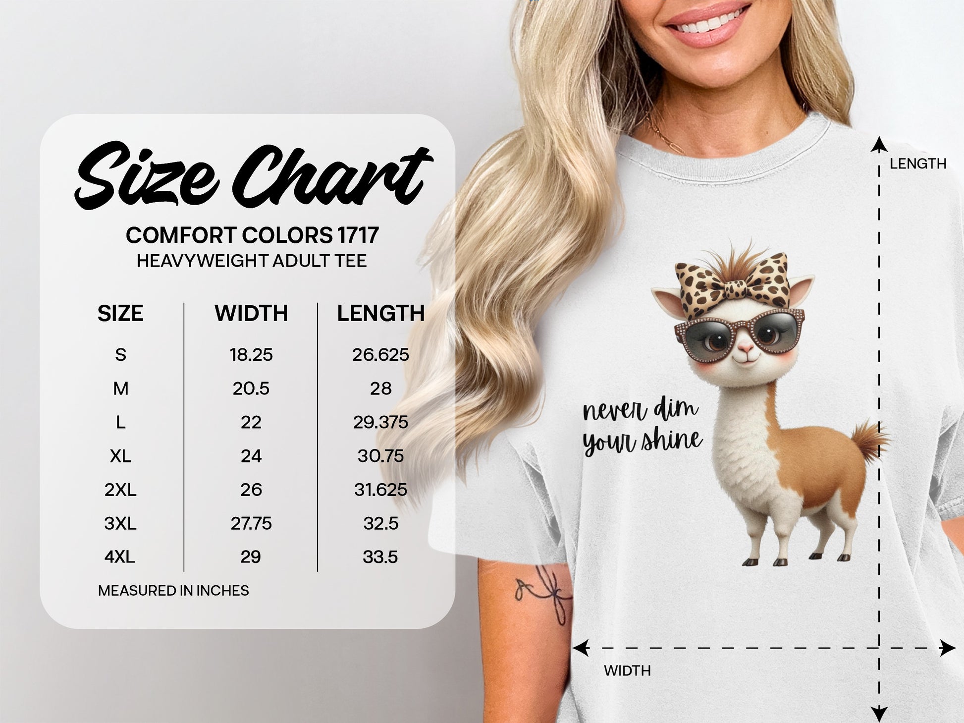 Comfort Colors 1717 heavyweight adult tee size chart with llama graphic.