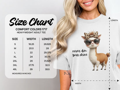 Comfort Colors 1717 heavyweight adult tee size chart with llama graphic.