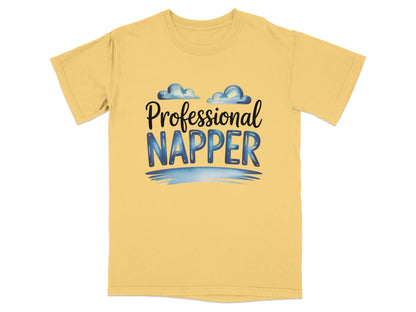 Yellow t-shirt with "Professional Napper" text and cloud graphics.