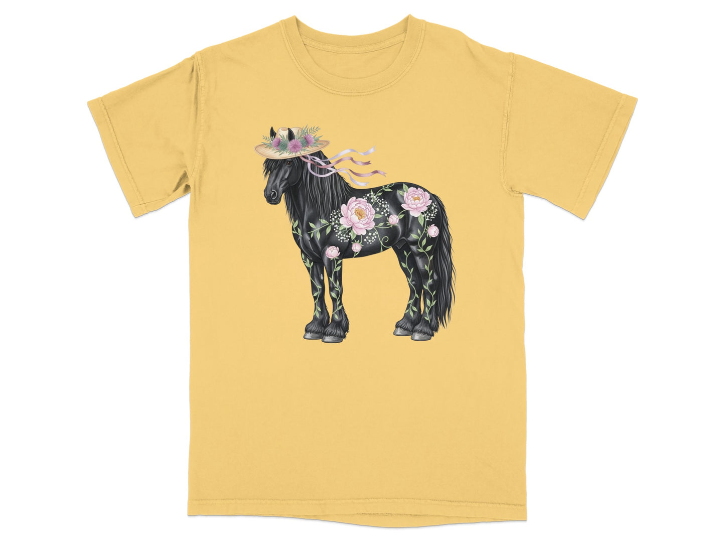 Black horse with floral designs and a straw hat on a yellow t-shirt.