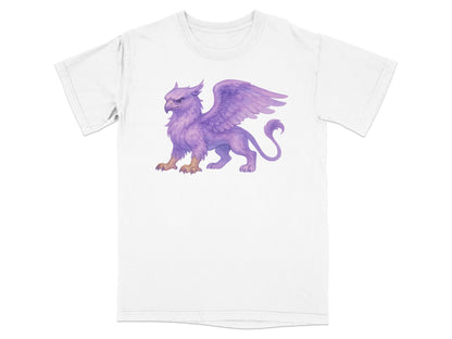 Purple griffin illustration on a white t-shirt.