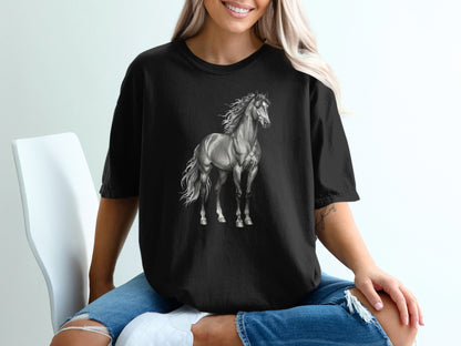 Black t-shirt with a grayscale drawing of a galloping horse.