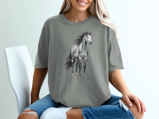 Gray t-shirt with a realistic black and white illustration of a horse.