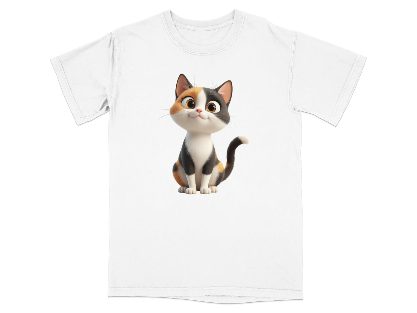 White t-shirt with a cartoon calico cat illustration.
