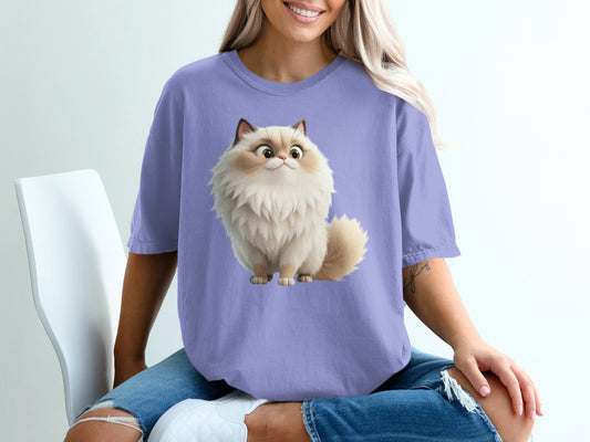 Light purple t-shirt with a fluffy cartoon cat graphic.