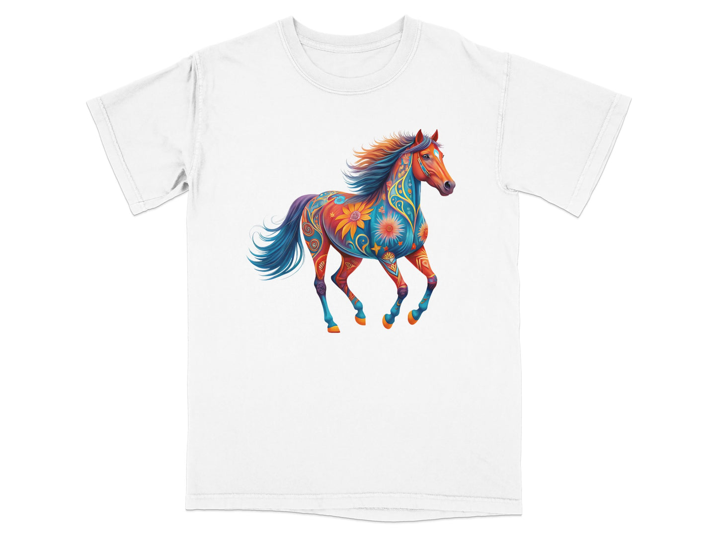 White t-shirt with a colorful, patterned horse graphic.