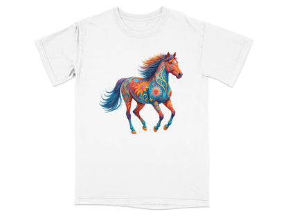White t-shirt with a colorful, patterned horse graphic.