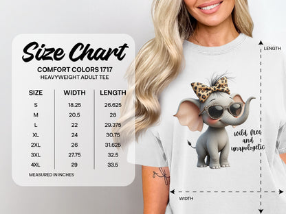 Size chart for heavyweight adult tee with elephant graphic and "wild free and unapologetic" text.