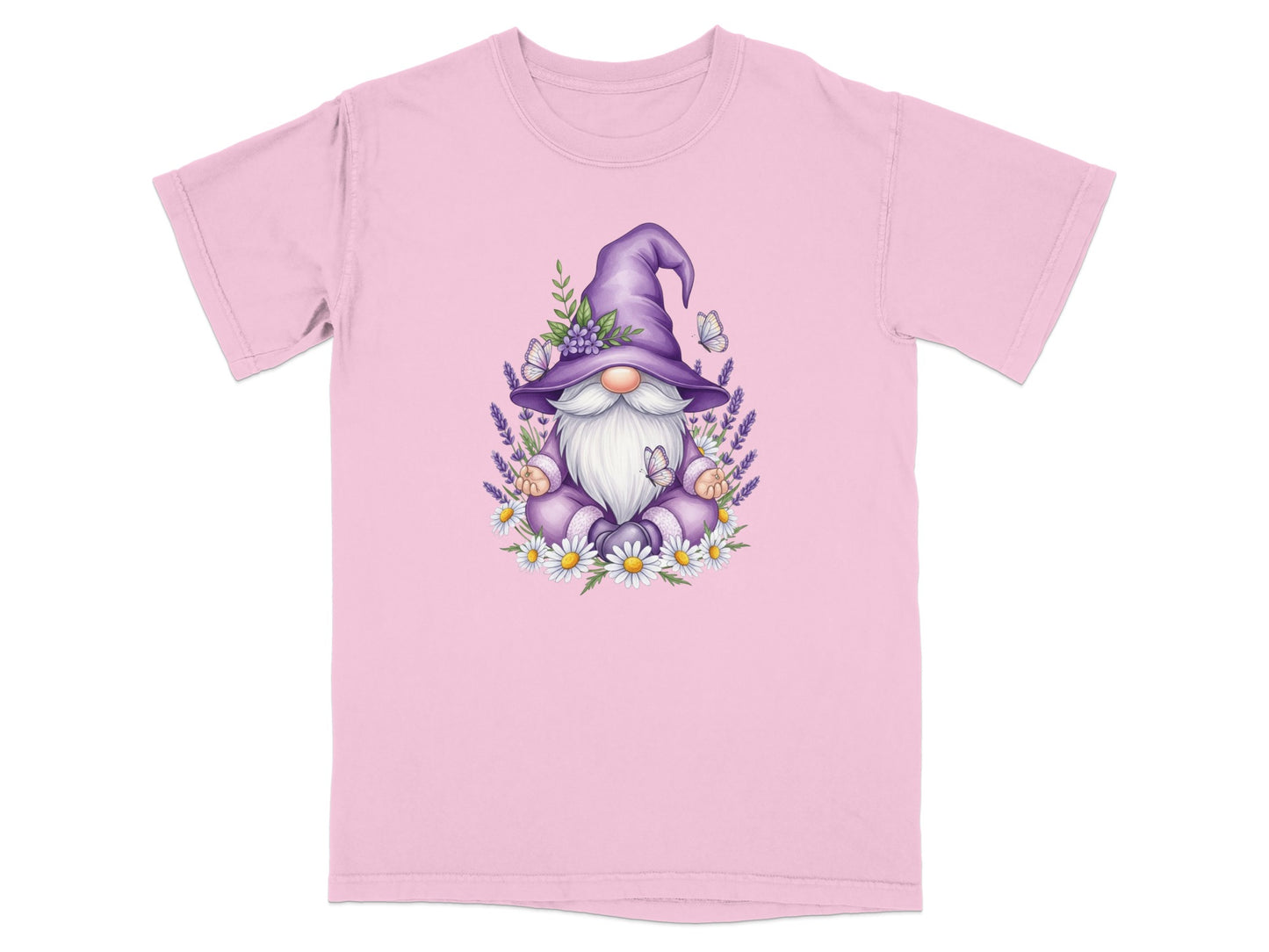 Gnome meditating amidst lavender and daisies with butterflies on a pink t-shirt.
