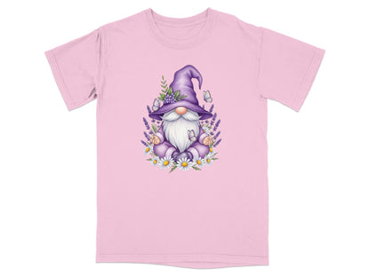 Gnome meditating amidst lavender and daisies with butterflies on a pink t-shirt.
