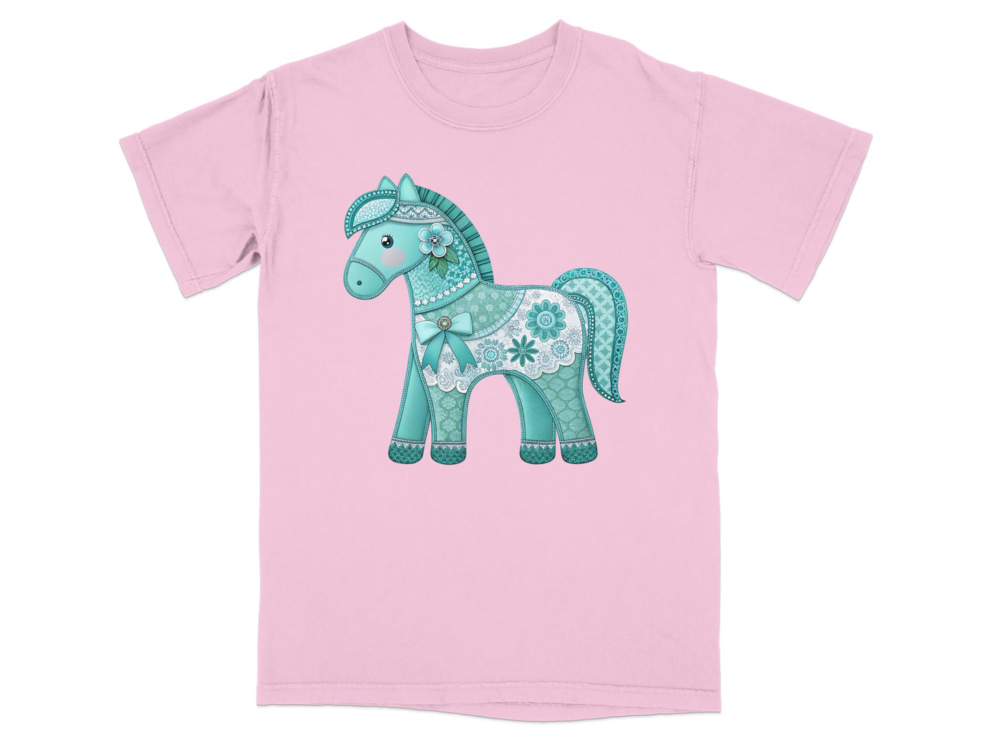 Pink t-shirt with a decorative teal horse graphic.