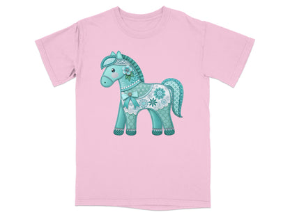 Pink t-shirt with a decorative teal horse graphic.