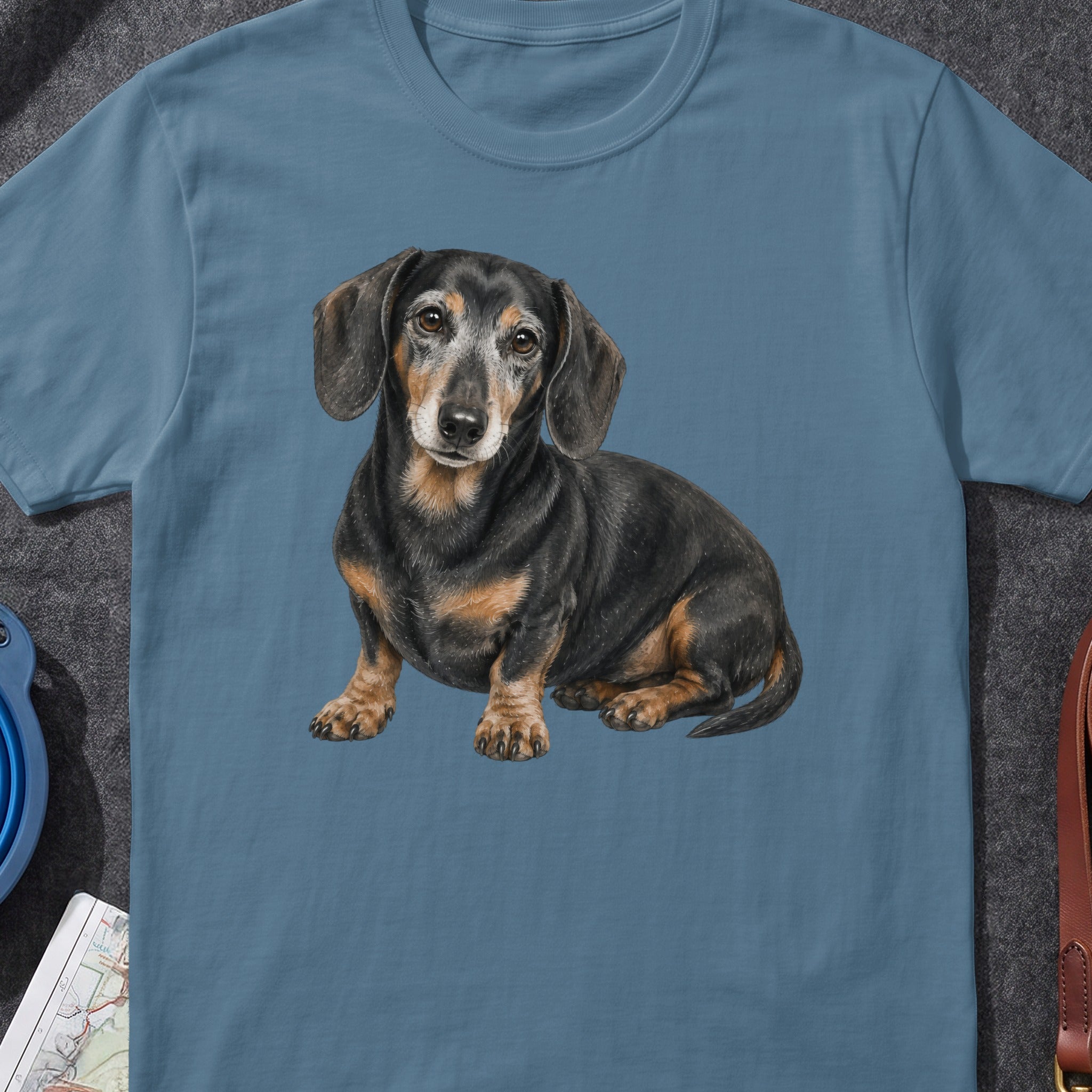 Dachshund illustration on a blue t-shirt.
