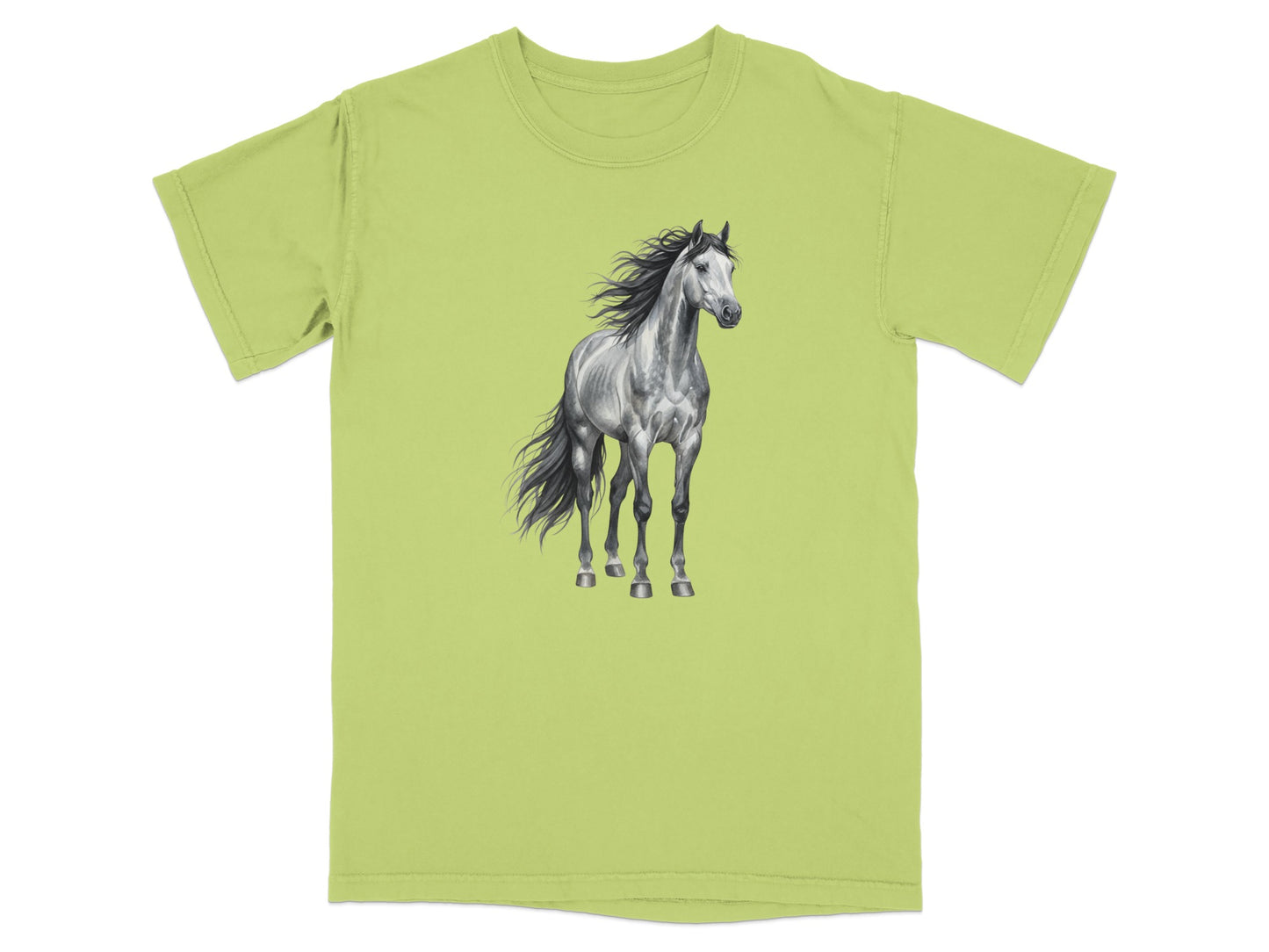 White and grey horse illustration on a light green t-shirt.