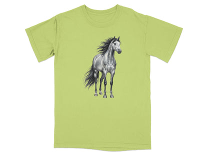 White and grey horse illustration on a light green t-shirt.