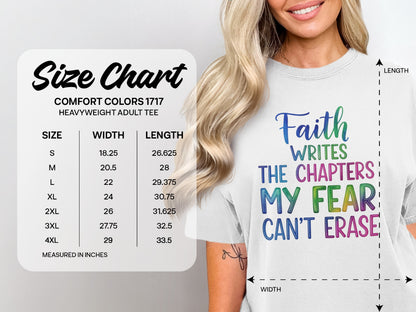 Size chart for Comfort Colors 1717 heavyweight adult tee with measurements.