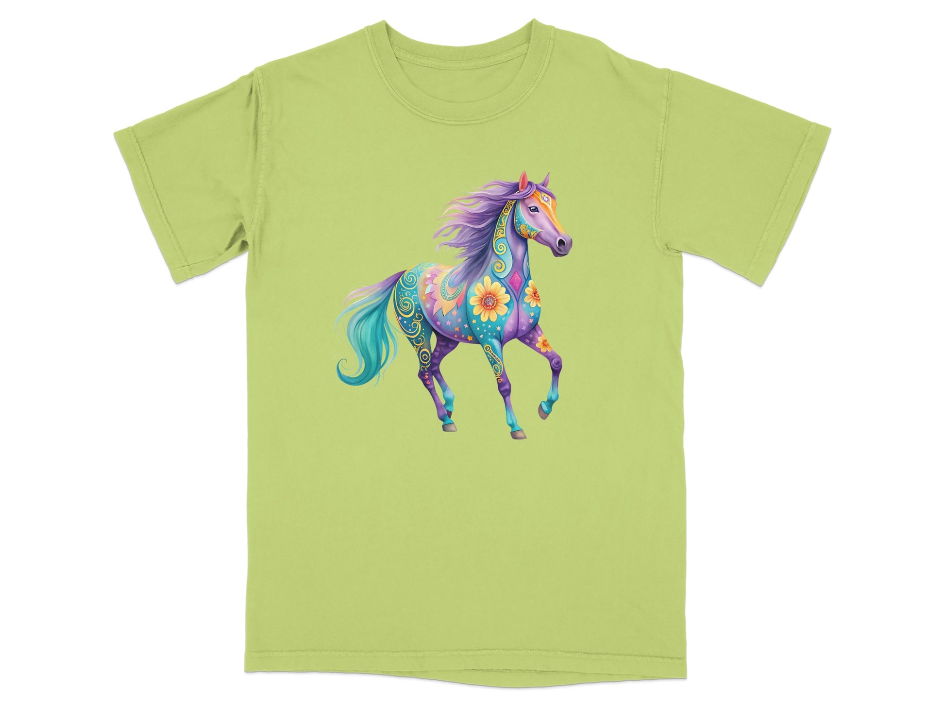 T-shirt with a colorful, patterned horse design.