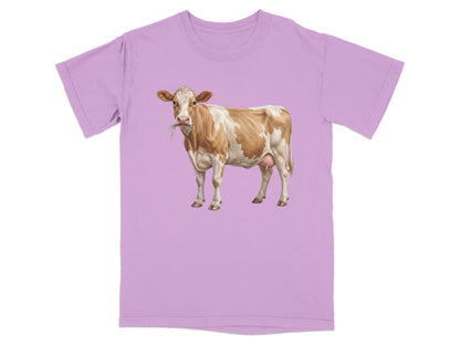 Light purple t-shirt featuring a brown and white cow eating grass.