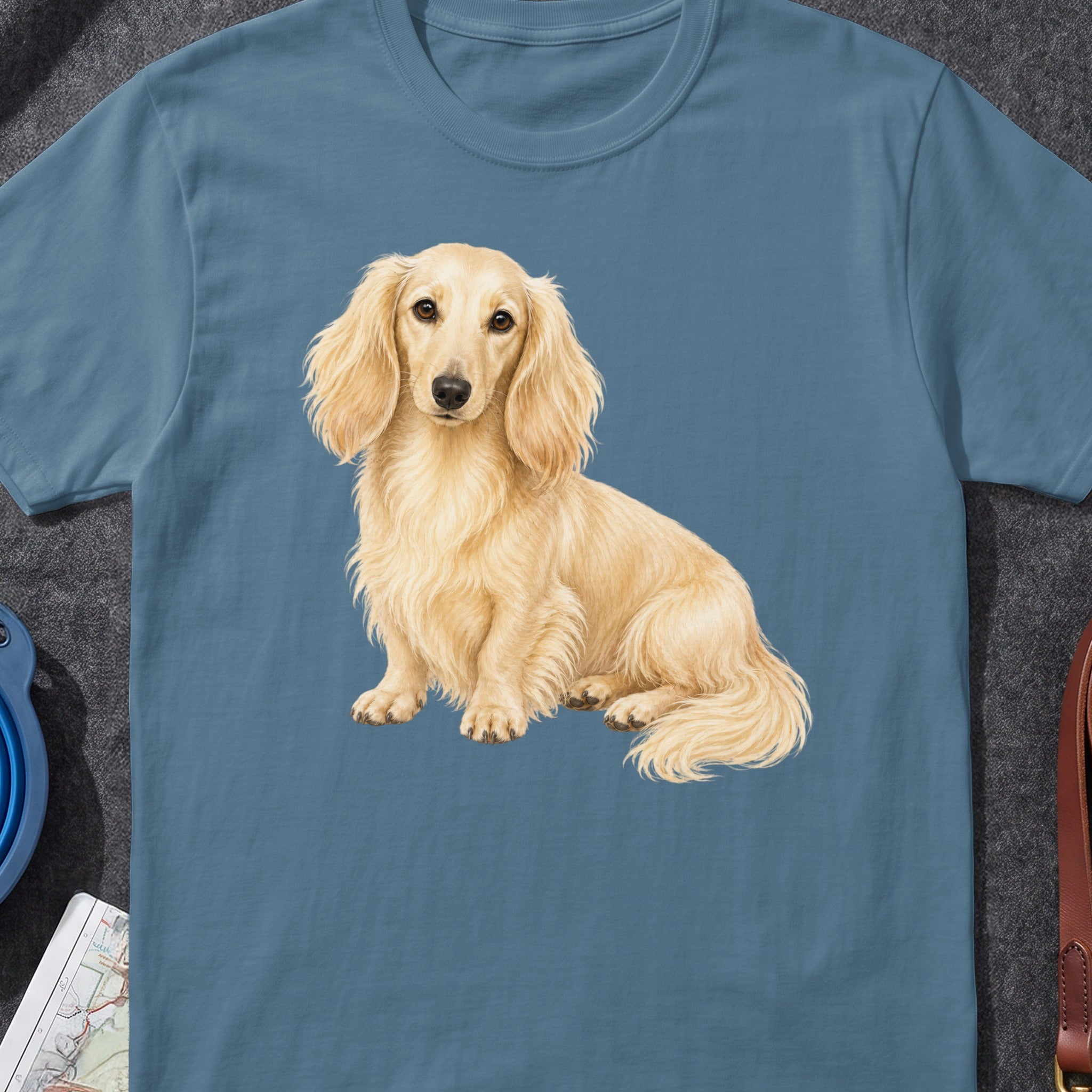 Long-haired blonde dachshund dog sitting on a blue t-shirt.