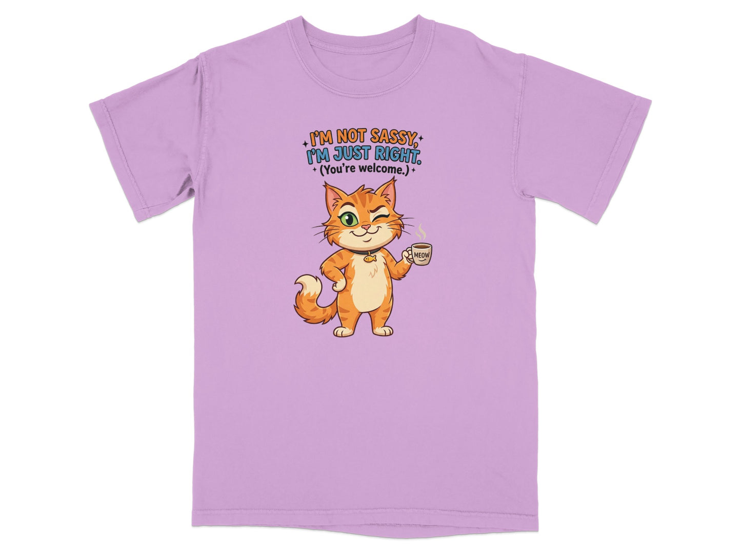 Orange cat wearing sunglasses holding a "MEOW" mug, text "I'm Not Sassy I'm Just Right. (You're welcome.)"