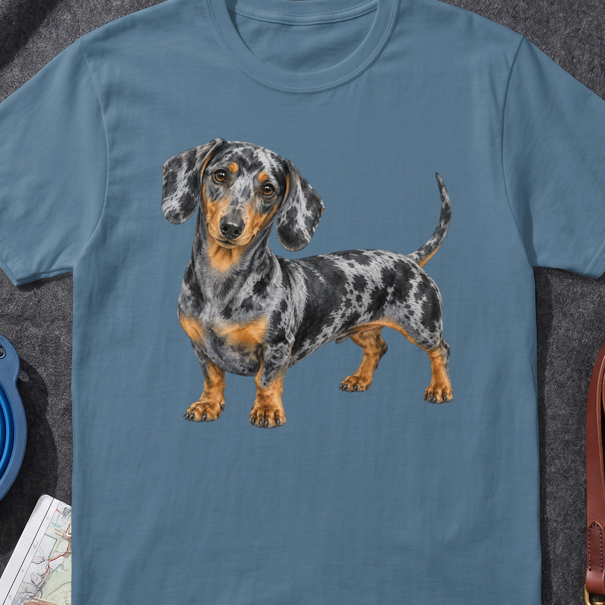 Dachshund with dapple coat standing on blue t-shirt.