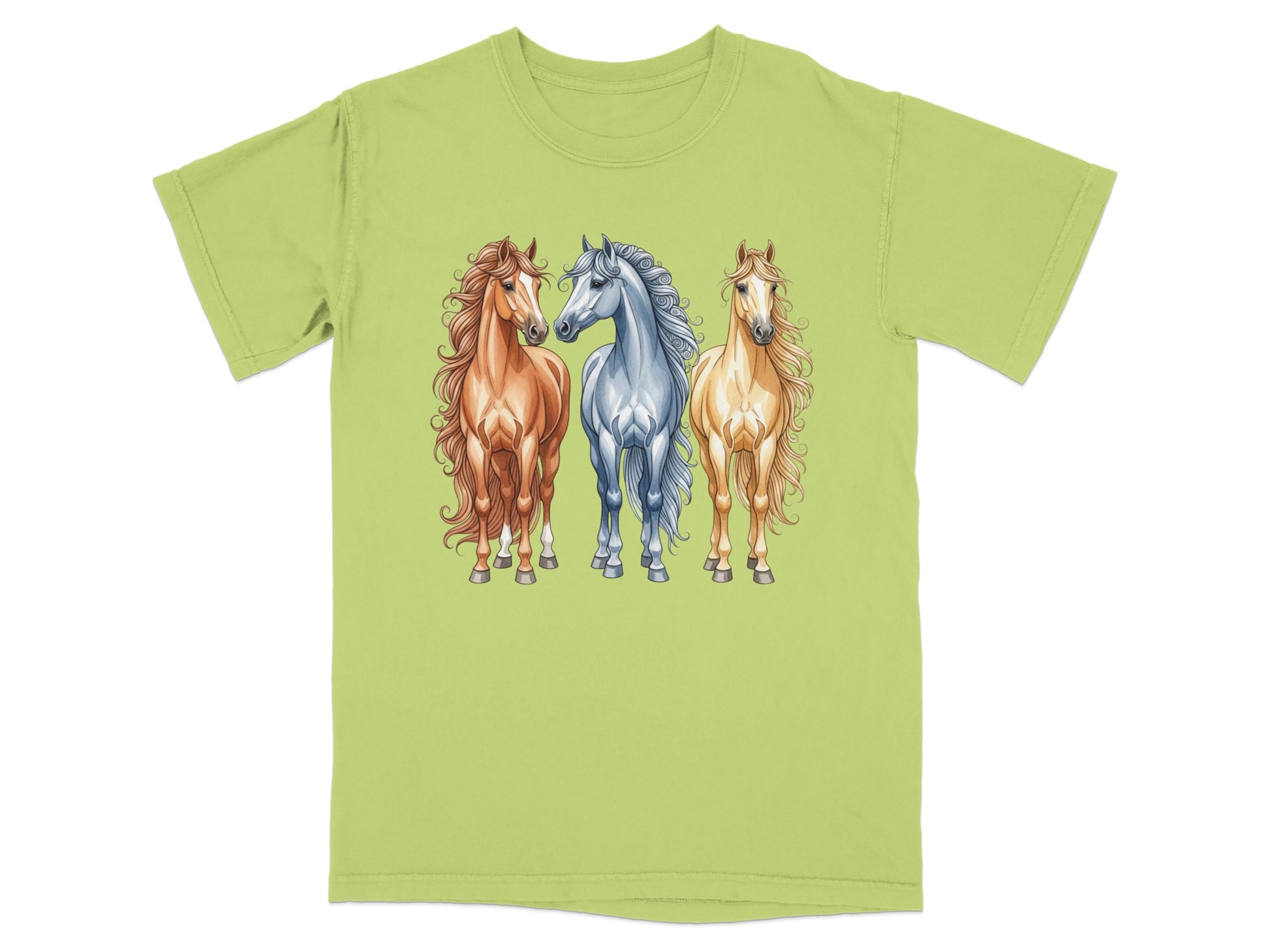 Three horses with flowing manes on a light green t-shirt.