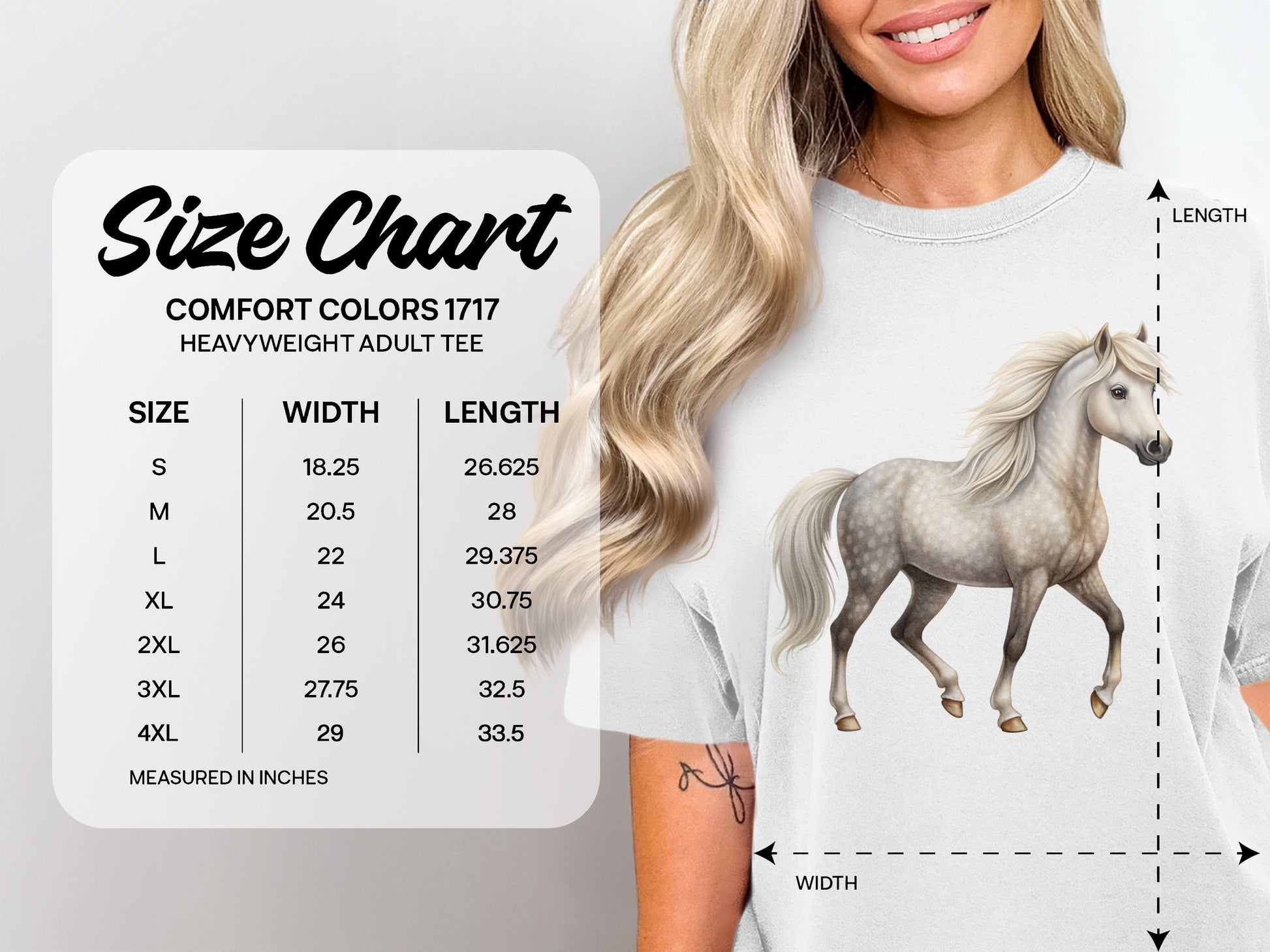 Comfort Colors 1717 heavyweight adult tee size chart with measurements.
