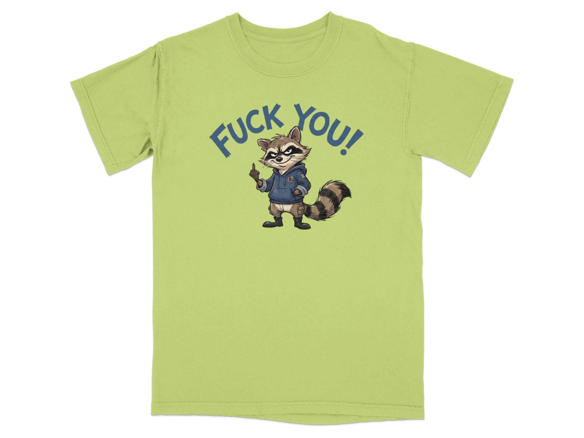 Lime green t-shirt with a raccoon wearing a hoodie and giving the middle finger.