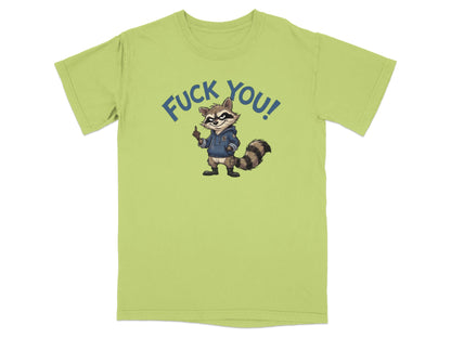 Lime green t-shirt with a raccoon wearing a hoodie and giving the middle finger.