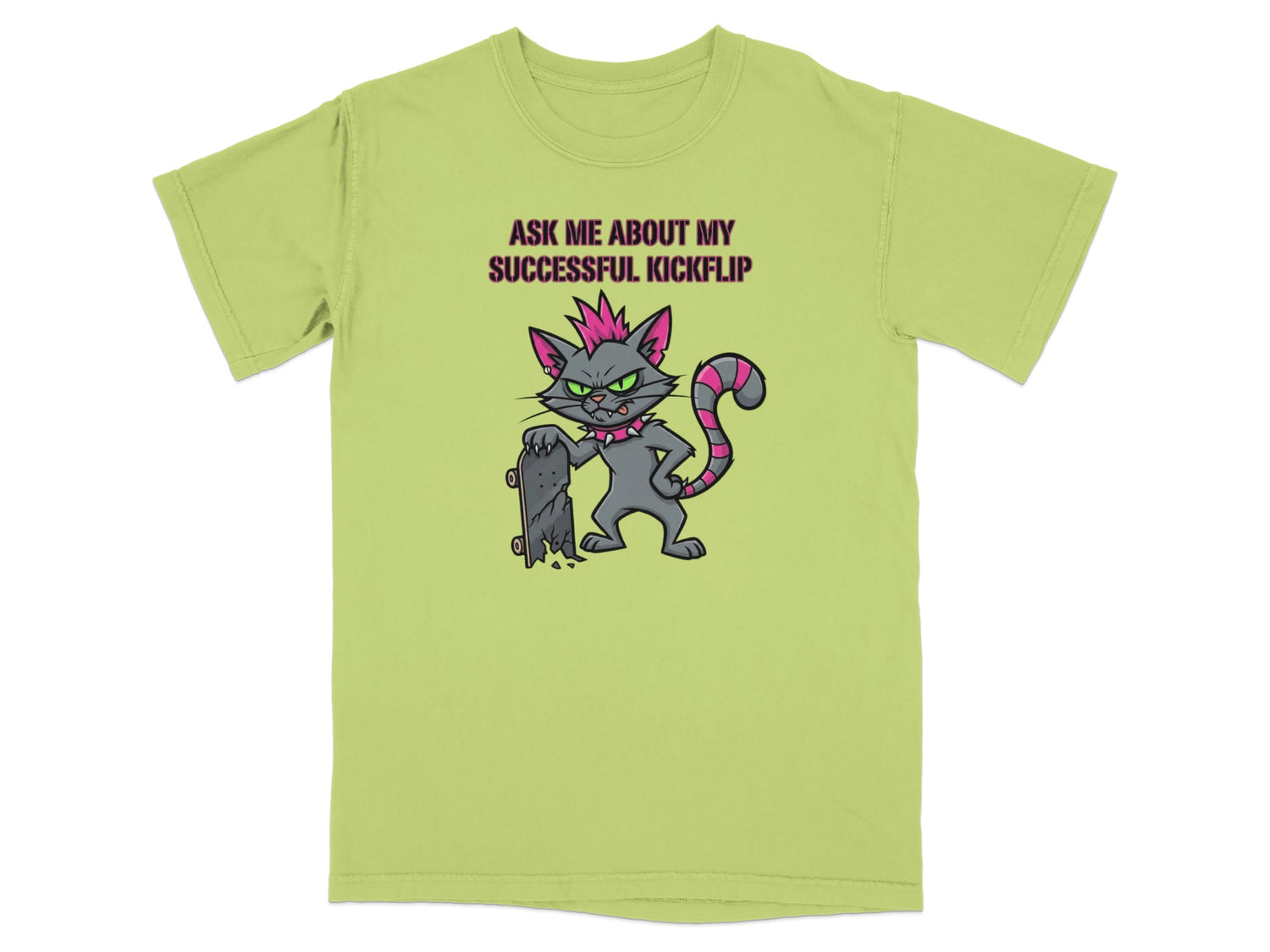 Cat with pink mohawk and skateboard, "Ask me about my successful kickflip."
