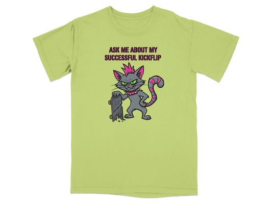Cat with pink mohawk and skateboard, "Ask me about my successful kickflip."