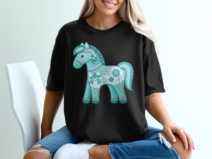 Black t-shirt with a light blue lace-trimmed horse graphic.