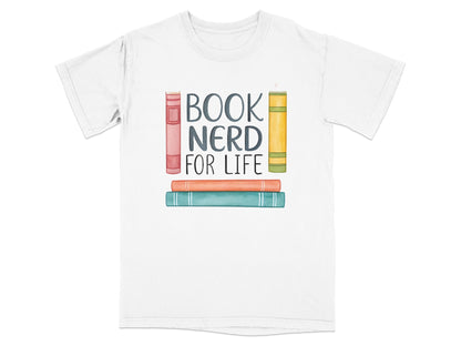 White t-shirt with "BOOK NERD FOR LIFE" text and stacked books.
