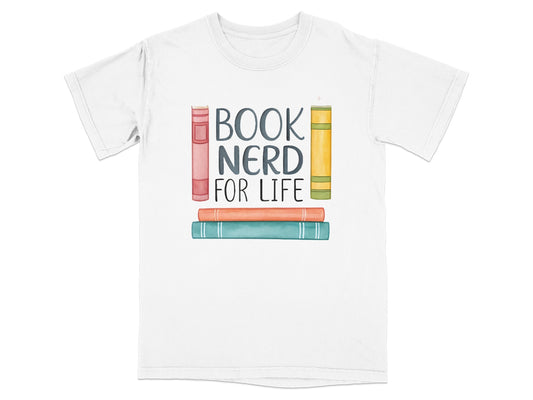White t-shirt with "BOOK NERD FOR LIFE" text and stacked books.