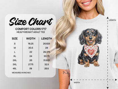 Dachshund graphic on Comfort Colors size chart with width and length measurements.