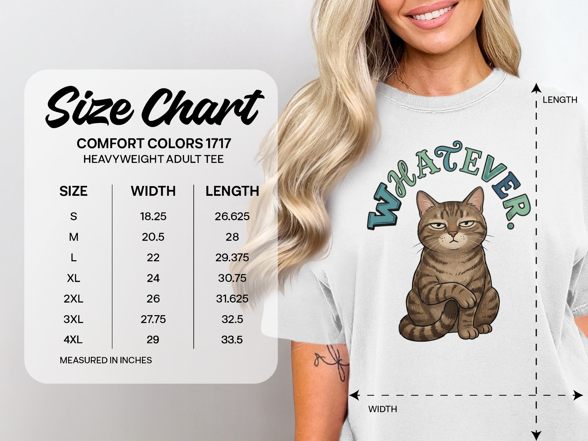 Comfort Colors 1717 heavyweight adult tee size chart with measurements in inches.