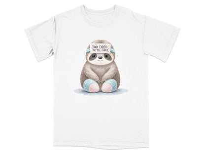 White t-shirt featuring a sloth with "TOO TIRED TO BE FAKE" text.